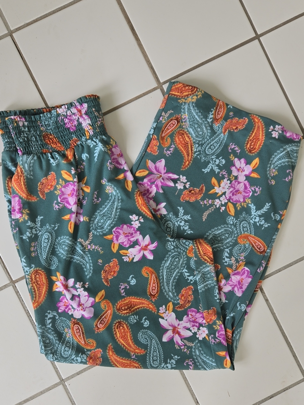 BarIII Size L Green Floral Paisley Wide Leg Pants